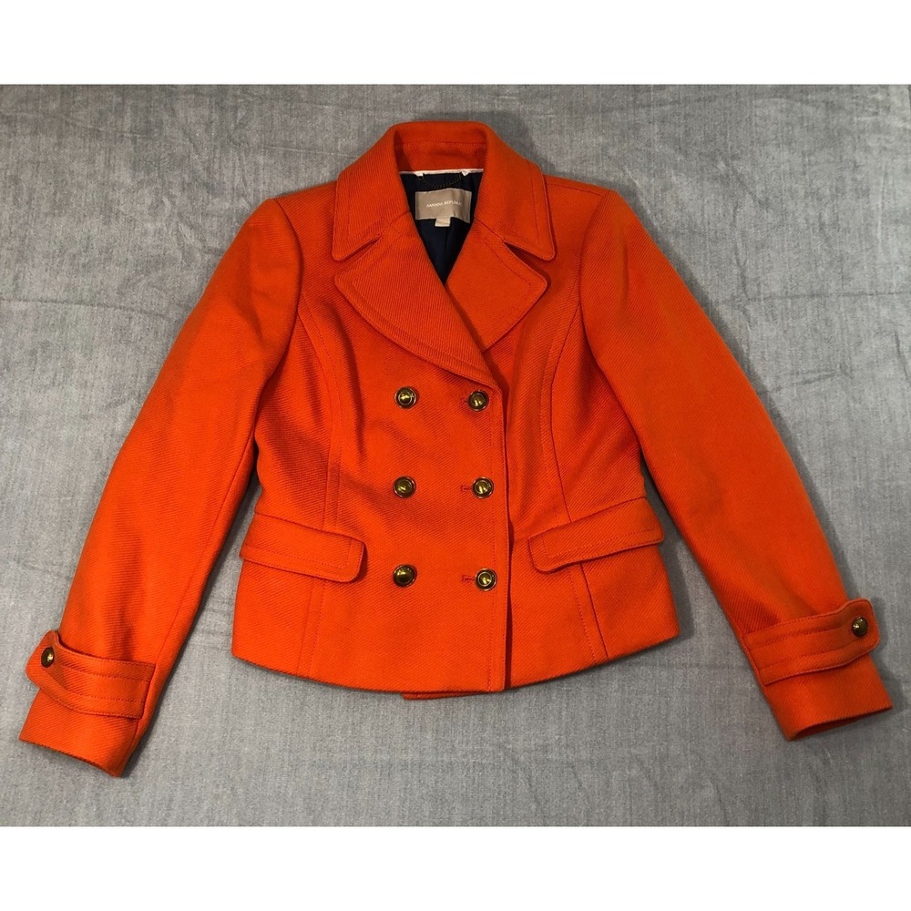 Banana Republic Jacket Women Small‎ Orange Double Breasted Pea Coat Gold Buttons